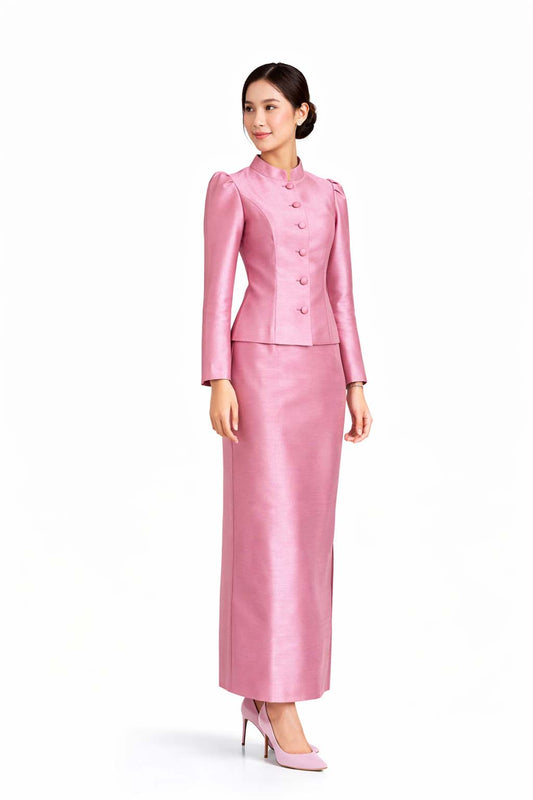 Ladies Rose Elegant Thai Silk 2 Piece Outfit - Fitted Blouse & Skirt Formal Wedding Attire