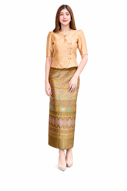 Golden Sugar Thai Traditional Women's Silk Style Blouse and Long Sarong Skirt Set – Elegant Thai Formal Outfit, Traditional Thai Dress, Wedding Guest, Temple Wear, Cultural Ceremony Attire, Thai National Costume