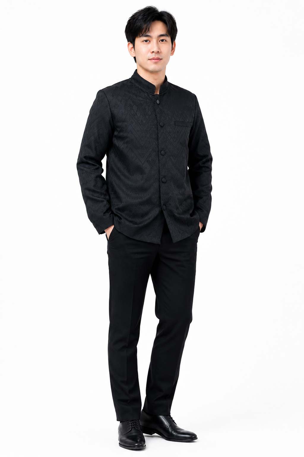 Men's black traditional Thai formal jacket with Mandarin collar, textured pattern and long sleeves, ideal for Thai weddings and cultural ceremonies.