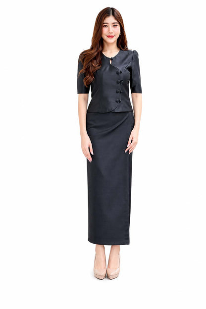 Black Thai Traditional Women's Silk Style Blouse and Long Sarong Skirt Set – Elegant Thai Formal Outfit, Traditional Thai Dress, Wedding Guest, Temple Wear, Cultural Ceremony Attire, Thai National Costume