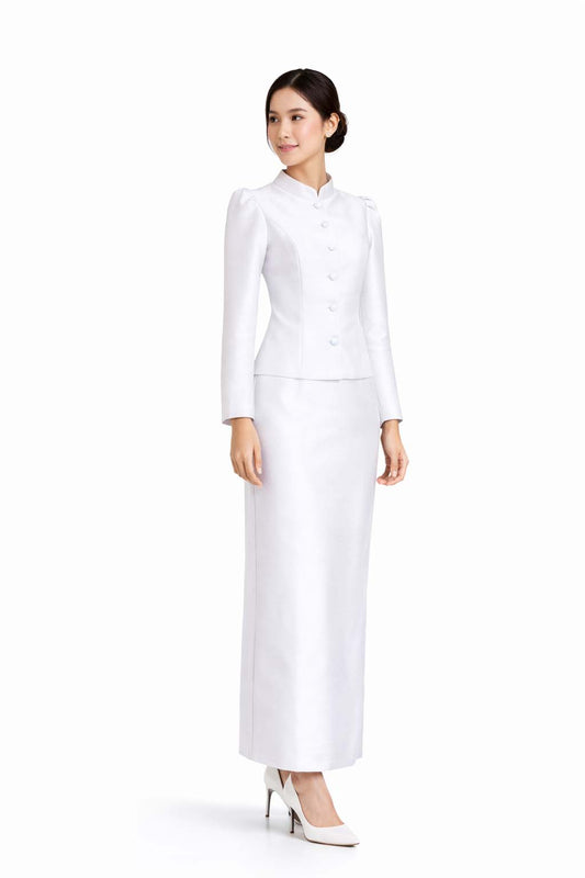 SIAM REGAL Ladies Pure White Elegant Thai Silk 2 Piece Outfit - Fitted Blouse & Skirt Formal Wedding Attire