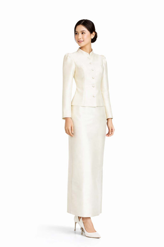 Ladies Ivory White Elegant Thai Silk 2 Piece Outfit - Fitted Blouse & Skirt Formal Wedding Attire
