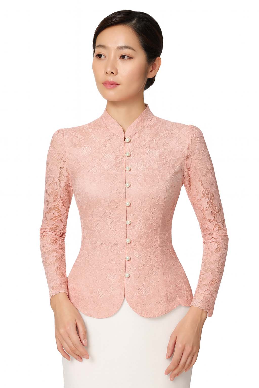 Siam Regal's Ladies Thai Silk Lace Blouse White Pear Button
