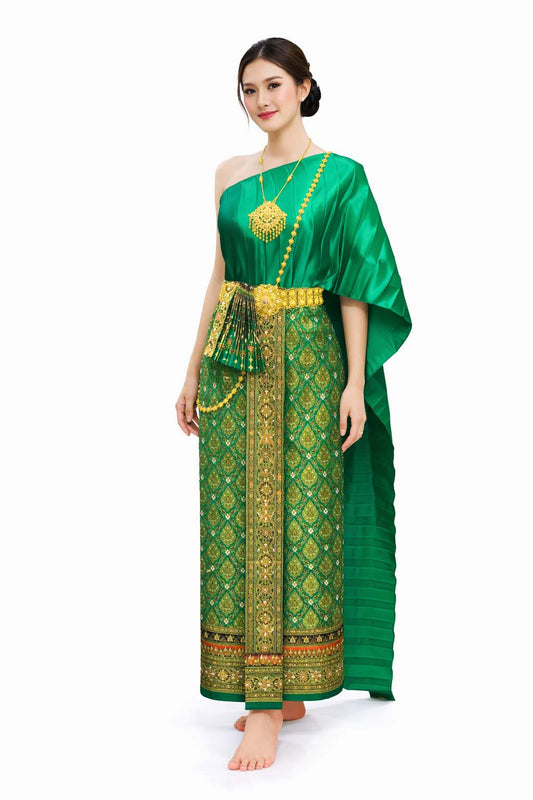 Ladies Green Traditional Thai Outfit - 2 Piece Dress Set Sarong & Sash Wedding Formal Attire