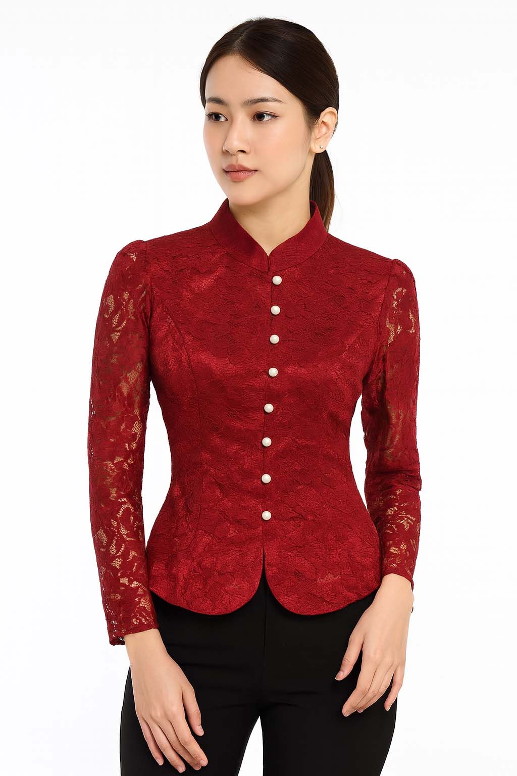 Siam Regal's Ladies Thai Silk Lace Blouse White Pear Button