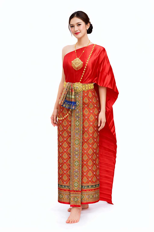 Ladies Red Traditional Thai Outfit - 2 Piece Dress Set Sarong & Sash Wedding Formal Attire