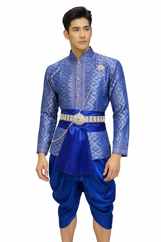 Thai Wedding Outfit For Men "Chut Thai" Blue Silk Attire Traditional Formal Wear | Siam Regal
