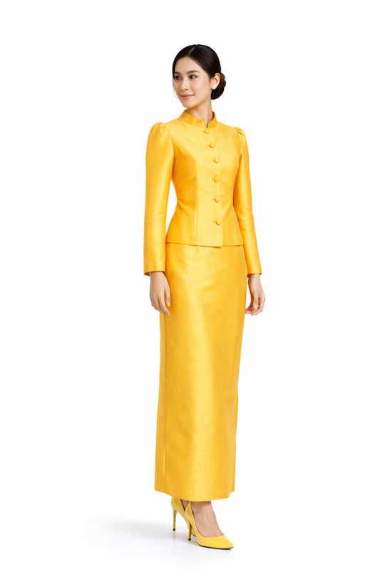 Ladies Dark Yellow Elegant Thai Silk 2 Piece Outfit - Fitted Blouse & Skirt Formal Wedding Attire (Copy)
