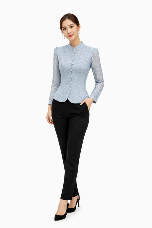 women's authentic Thai lace shirt in premium floral lace with elegant long sleeves, Mandarin collar, decorative pearl buttons, fitted tailored silhouette and scalloped hem. Ladies Traditional Thai silk-inspired blouse for weddings, temple visits, cultural ceremonies, festivals, formal events and special occasions. Classic Thai traditional clothing Amazon Etsy eBay