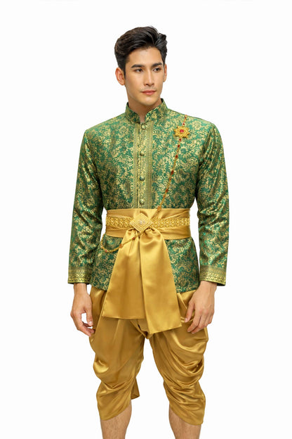 Men’s Traditional Thai Outfit – Green & Gold 3 Piece Silk Wedding Set | Siam Regal 🇹🇭