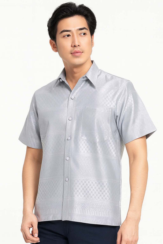 Siam Regal's Men's Ancient Silver Silk Shirt Short Sleeve