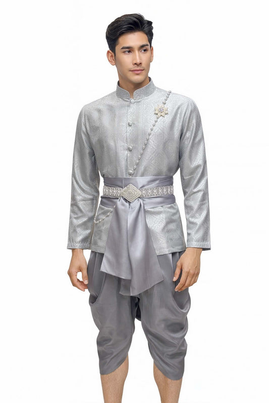 Thai Wedding Outfit For Men "Chut Thai" Silver Silk Attire Traditional Formal Wear | Siam Regal