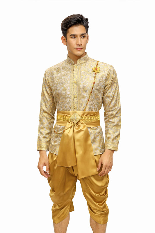 Men’s Traditional Thai Outfit – Cream & Gold 3 Piece Silk Wedding Set | Siam Regal 🇹🇭