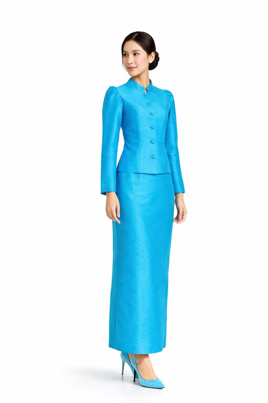 SIAM REGAL Ladies Sky Blue Elegant Thai Silk 2 Piece Outfit - Fitted Blouse & Skirt Formal Wedding Attire