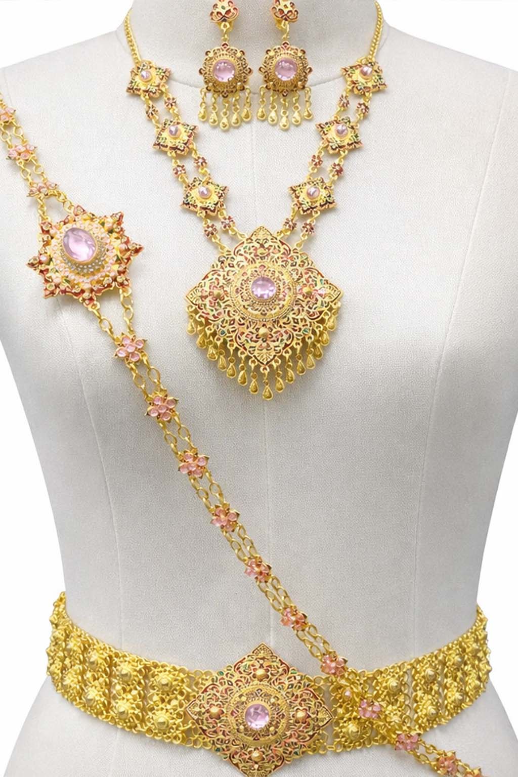 Thai Traditional Bridal Jewelry Set – Gold with Pink Stones