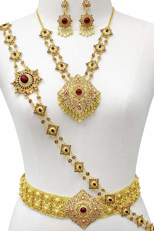 Thai Traditional Bridal Jewelry Set – Gold with Ruby Stones