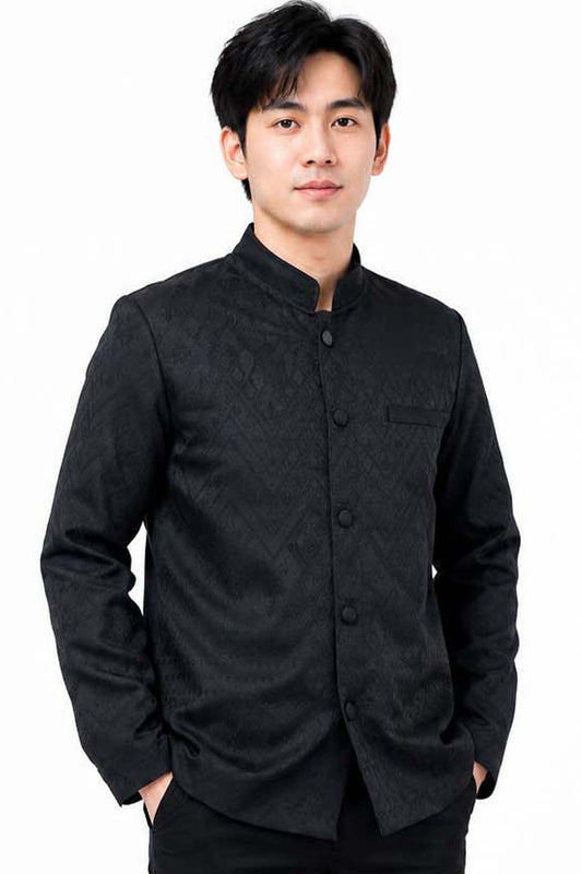 Men's black traditional Thai formal jacket with Mandarin collar, textured pattern and long sleeves, ideal for Thai weddings and cultural ceremonies.