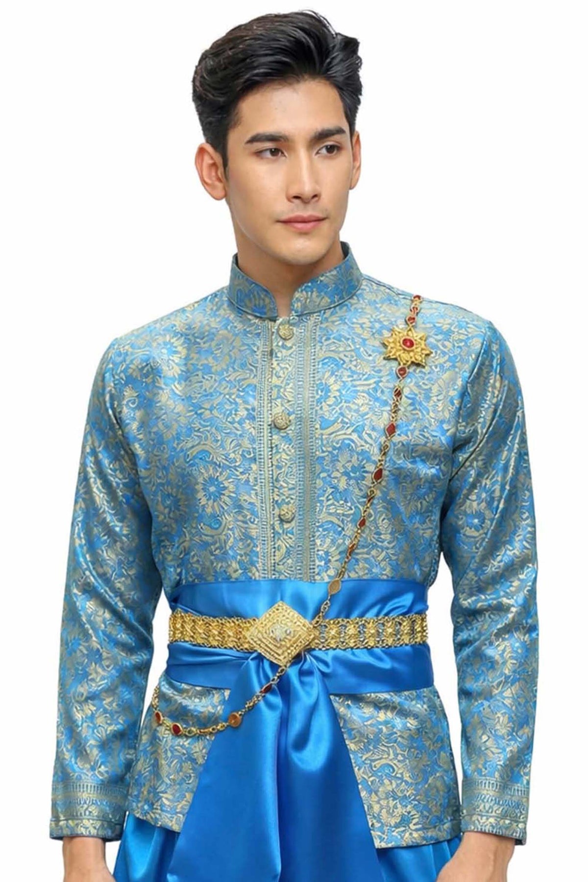 Men’s Traditional Thai Outfit – Sky Blue 3 Piece Silk Wedding Set | Siam Regal 🇹🇭