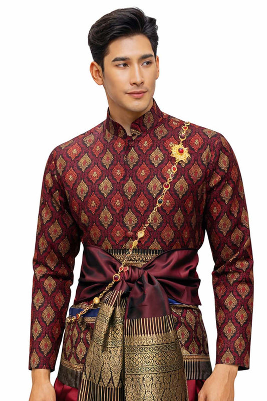 Thai Wedding Outfit For Men "Chut Thai" Maroon Silk Attire Traditional Formal Wear | Siam Regal