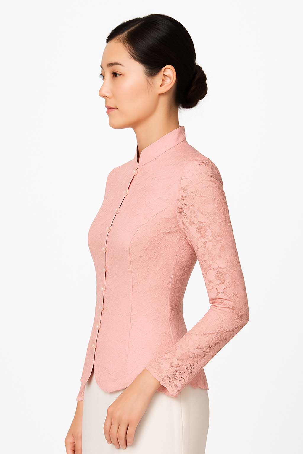 Siam Regal's Ladies Thai Silk Lace Blouse White Pear Button