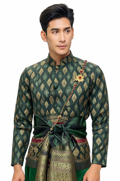 Thai Wedding Outfit For Men "Chut Thai" Green Silk Attire Traditional Formal Wear | Siam Regal
