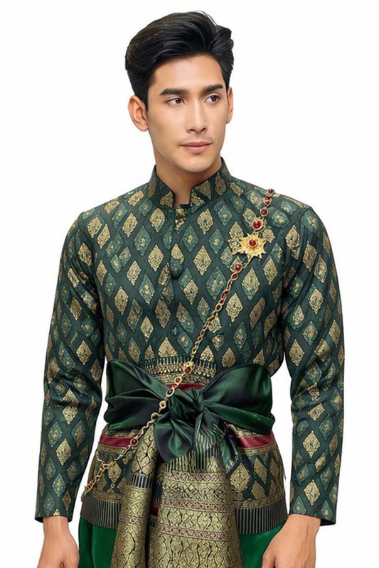 Thai Wedding Outfit For Men "Chut Thai" Green Silk Attire Traditional Formal Wear | Siam Regal