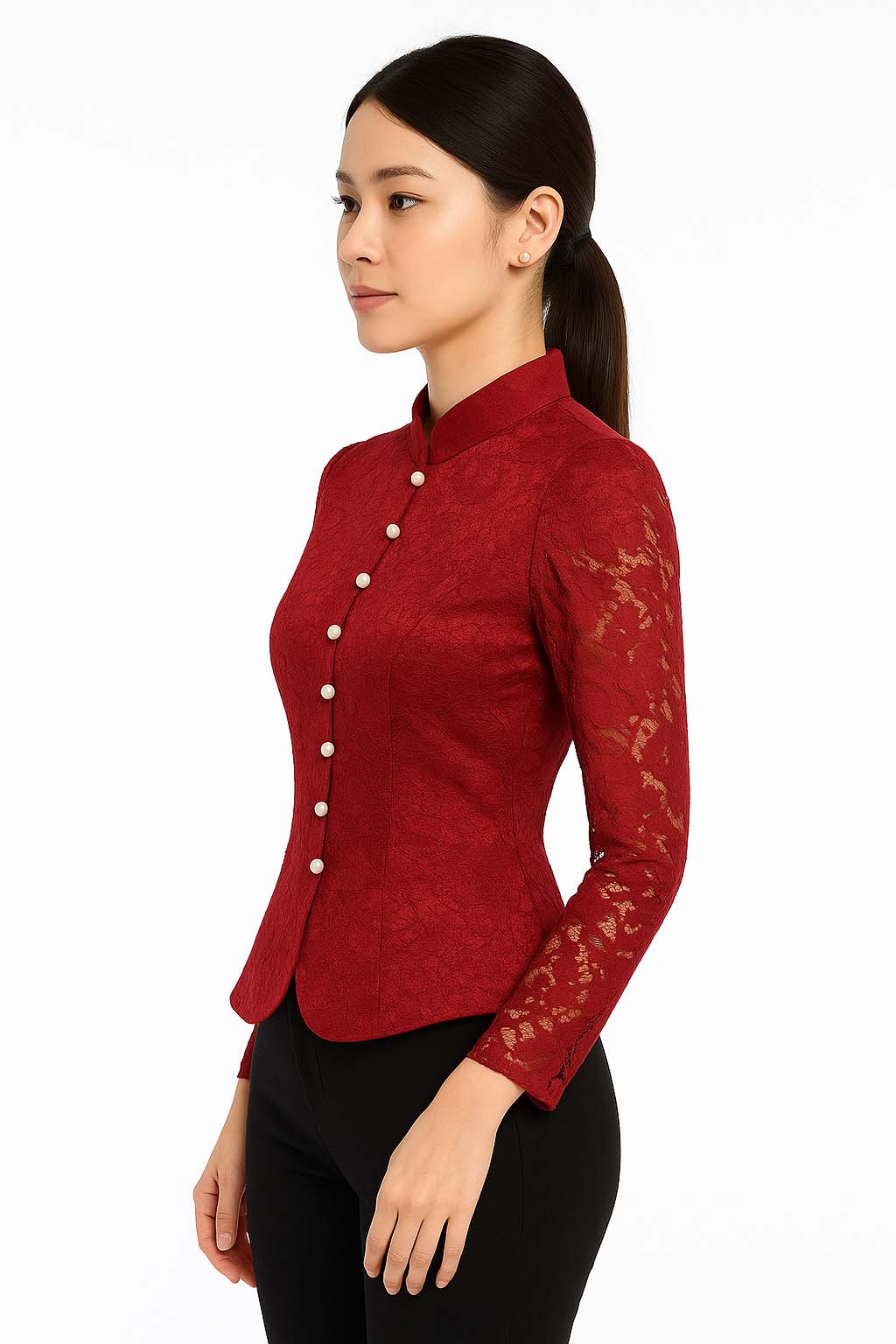 Siam Regal's Ladies Thai Silk Lace Blouse White Pear Button
