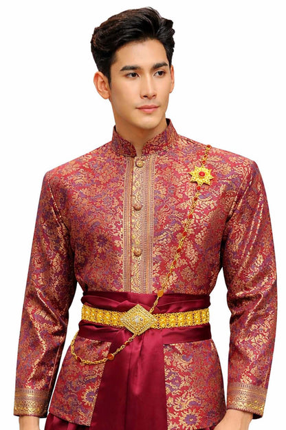 Men’s Traditional Thai Outfit – Maroon Red 3 Piece Silk Wedding Set | Siam Regal 🇹🇭