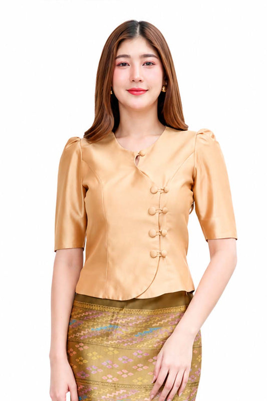Golden Sugar Thai Traditional Women's Silk Style Blouse and Long Sarong Skirt Set – Elegant Thai Formal Outfit, Traditional Thai Dress, Wedding Guest, Temple Wear, Cultural Ceremony Attire, Thai National Costume