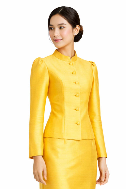 Ladies Light Yellow Elegant Thai Silk 2 Piece Outfit - Fitted Blouse & Skirt Formal Wedding Attire