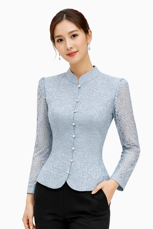 women's authentic Thai lace shirt in premium floral lace with elegant long sleeves, Mandarin collar, decorative pearl buttons, fitted tailored silhouette and scalloped hem. Ladies Traditional Thai silk-inspired blouse for weddings, temple visits, cultural ceremonies, festivals, formal events and special occasions. Classic Thai traditional clothing Amazon Etsy eBay