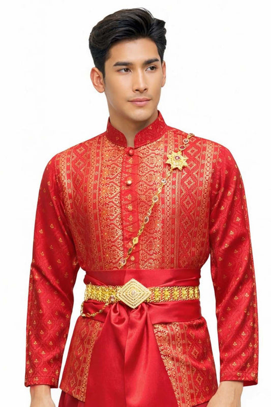 Thai Wedding Outfit For Men "Chut Thai" Red Silk Attire Traditional Formal Wear | Siam Regal