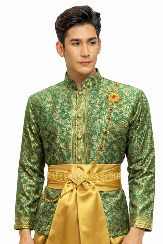 Men’s Traditional Thai Outfit – Green & Gold 3 Piece Silk Wedding Set | Siam Regal 🇹🇭