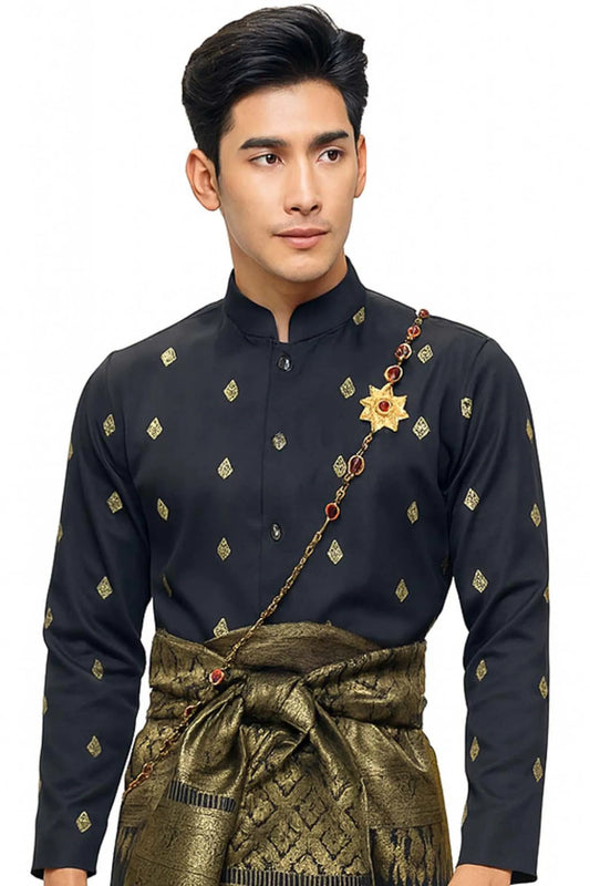 Thai Wedding Outfit For Men "Chut Thai" Black Silk Attire Traditional Formal Wear | Siam Regal