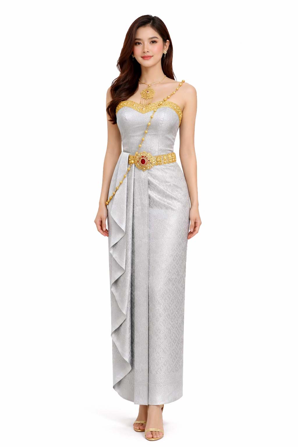 Thai Silk Wedding Dress – Light Gray Modern Thai Formal Outfit | Siam Regal