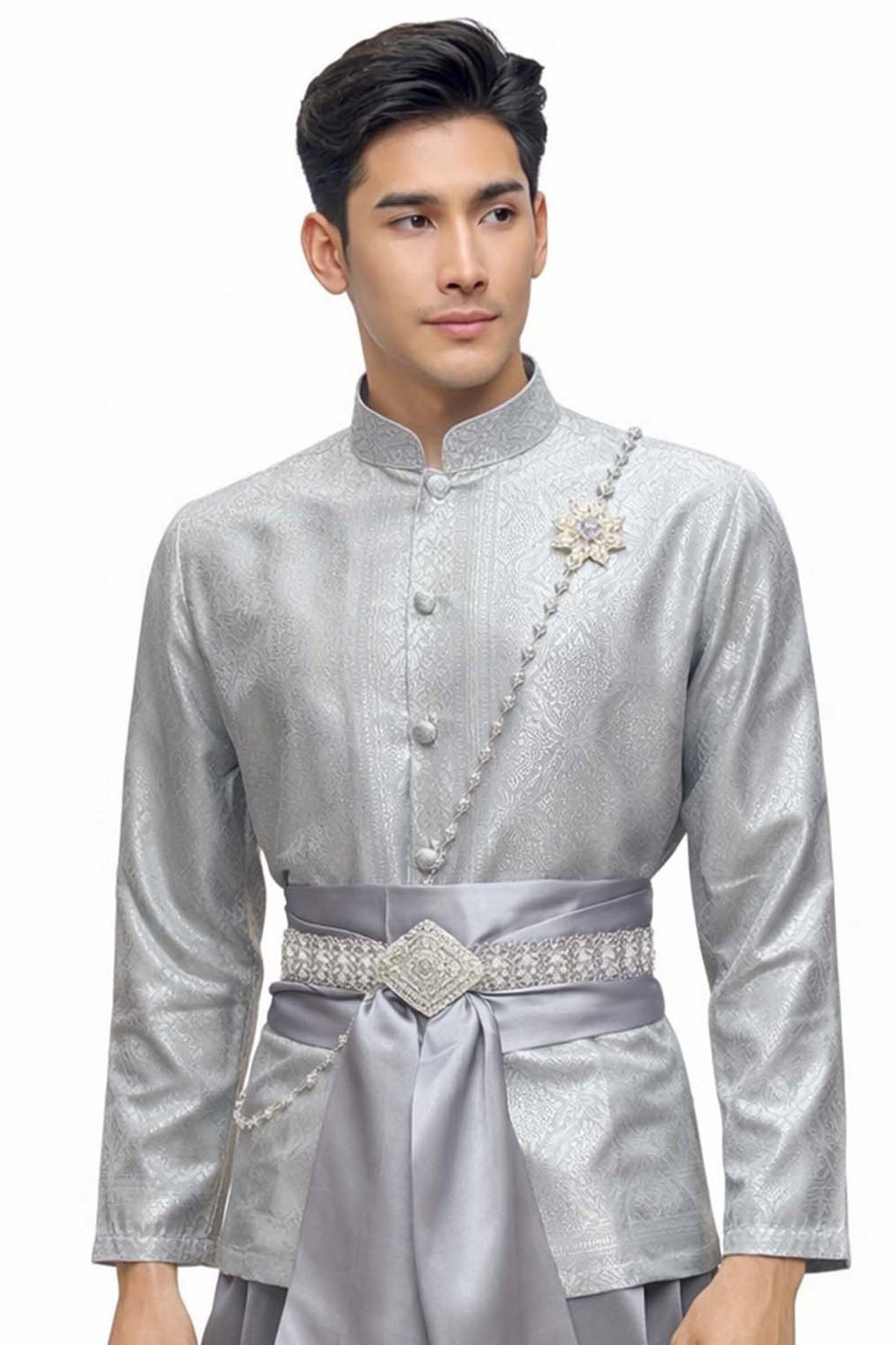 Thai Wedding Outfit For Men "Chut Thai" Silver Silk Attire Traditional Formal Wear | Siam Regal