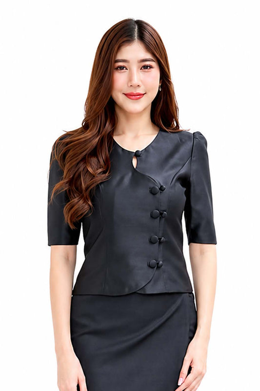 Black Thai Traditional Women's Silk Style Blouse and Long Sarong Skirt Set – Elegant Thai Formal Outfit, Traditional Thai Dress, Wedding Guest, Temple Wear, Cultural Ceremony Attire, Thai National Costume