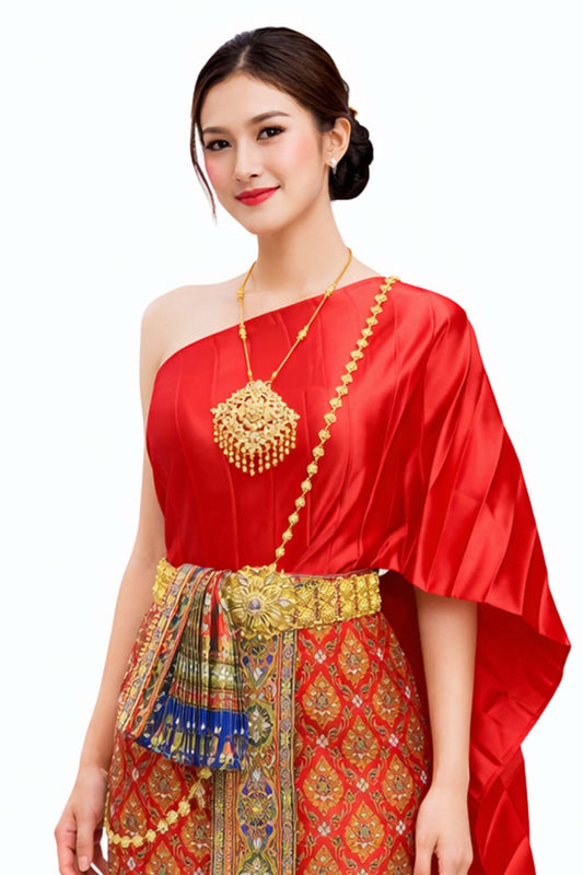 Ladies Red Traditional Thai Outfit - 2 Piece Dress Set Sarong & Sash Wedding Formal Attire