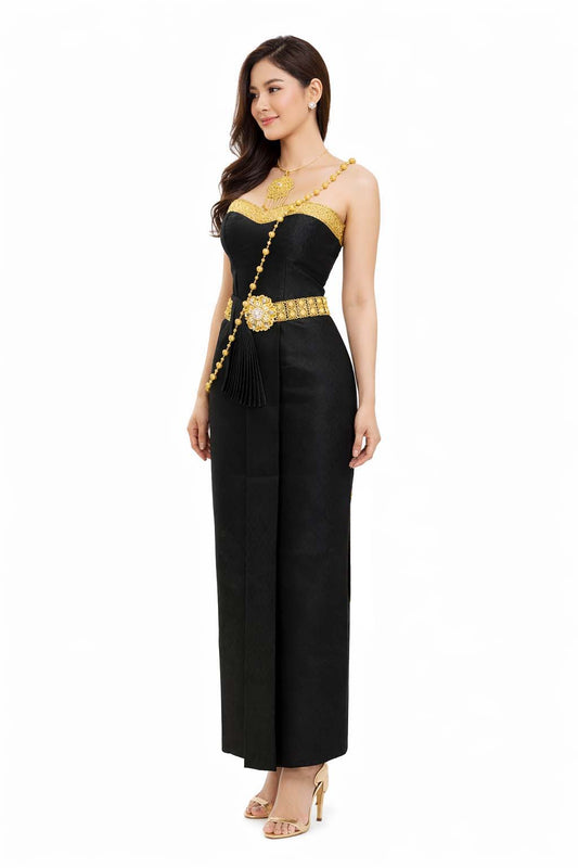 Thai Silk Wedding Guest Dress – Black Modern Thai Formal Outfit | Siam Regal