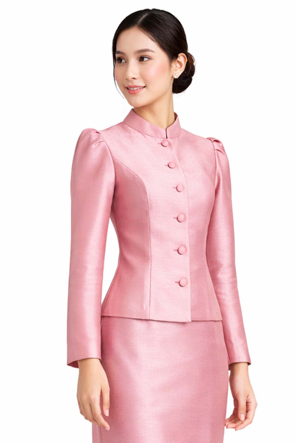 Ladies Nude Pink Elegant Thai Silk 2 Piece Outfit - Fitted Blouse & Skirt Formal Wedding Attire