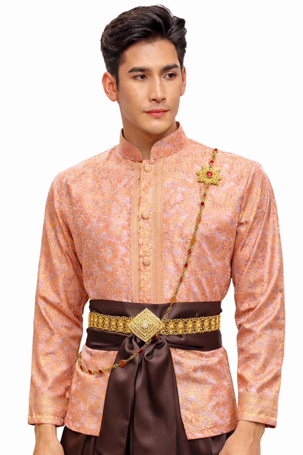 Men’s Traditional Thai Outfit – Pink & Brown 3 Piece Silk Wedding Set | Siam Regal 🇹🇭