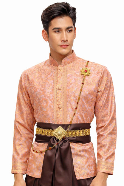 Men’s Traditional Thai Outfit – Pink & Brown 3 Piece Silk Wedding Set | Siam Regal 🇹🇭