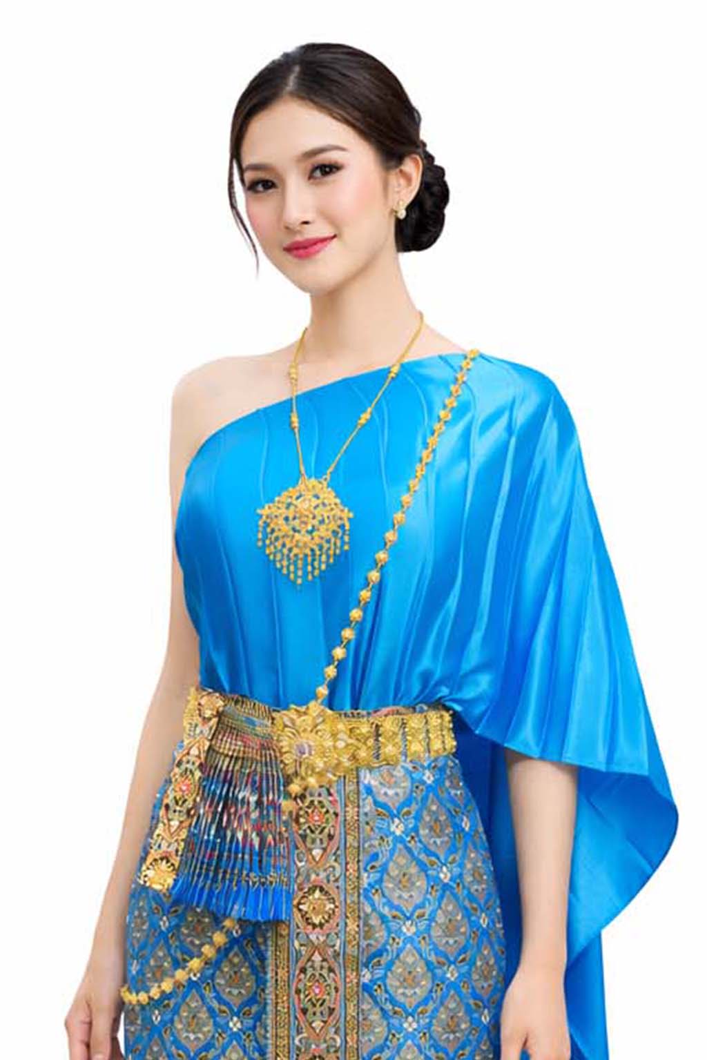 Ladies Sky Blue Traditional Thai Outfit - 2 Piece Dress Set Sarong & Sash Wedding Formal Attire