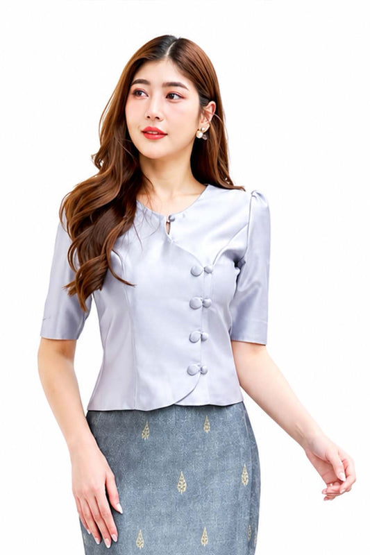 Grey Thai Traditional Women's Silk Style Blouse and Long Sarong Skirt Set – Elegant Thai Formal Outfit, Traditional Thai Dress, Wedding Guest, Temple Wear, Cultural Ceremony Attire, Thai National Costume