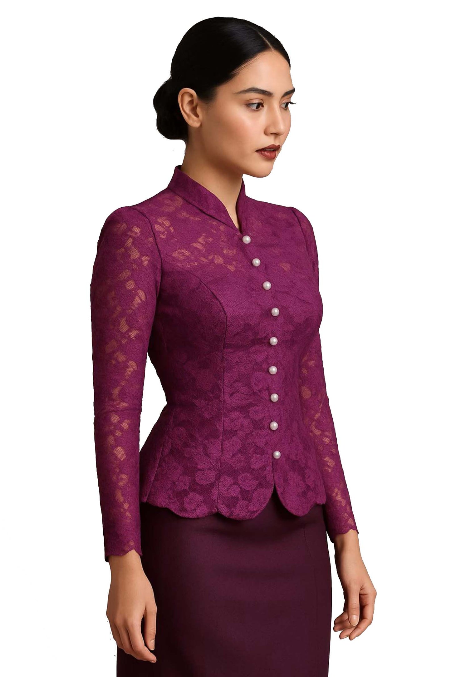 Siam Regal's Ladies Thai Silk Lace Blouse White Pear Button