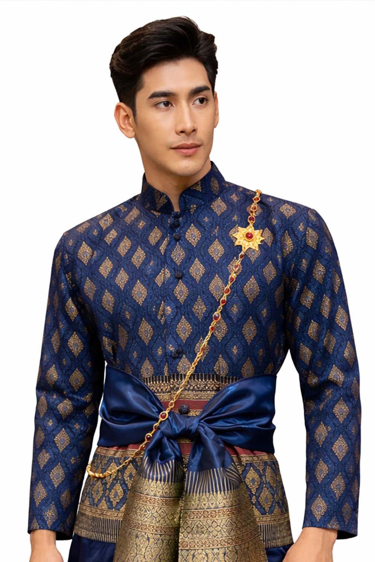 Thai Wedding Outfit For Men "Chut Thai" Navy Blue Silk Attire Traditional Formal Wear | Siam Regal