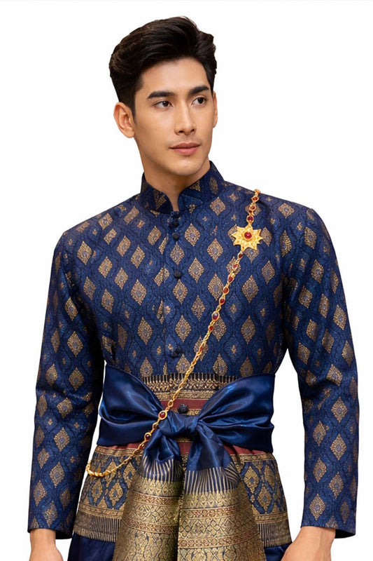 Thai Wedding Outfit For Men "Chut Thai" Navy Blue Silk Attire Traditional Formal Wear | Siam Regal