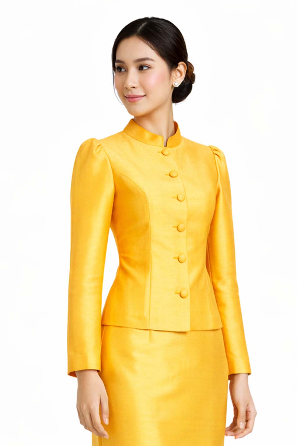 Ladies Dark Yellow Elegant Thai Silk 2 Piece Outfit - Fitted Blouse & Skirt Formal Wedding Attire (Copy)