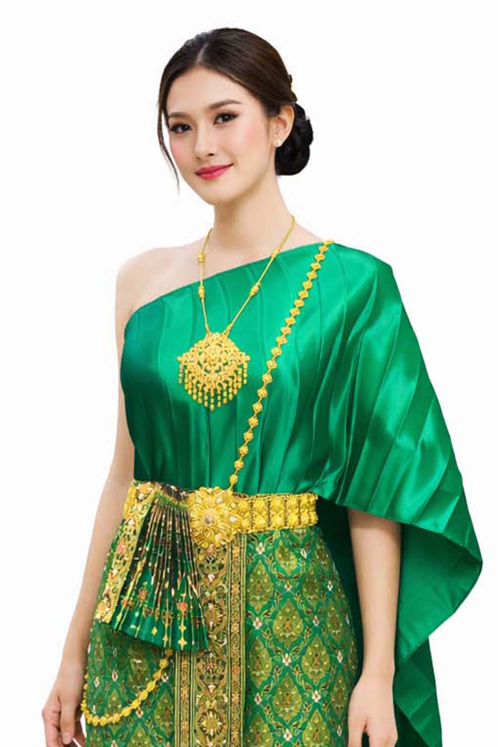 Ladies Green Traditional Thai Outfit - 2 Piece Dress Set Sarong & Sash Wedding Formal Attire