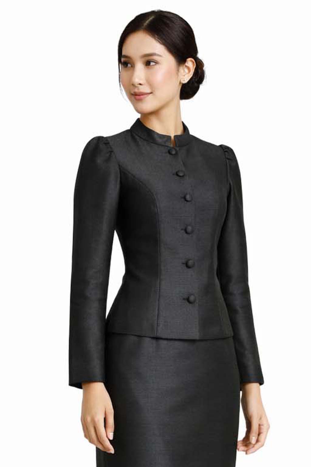 Ladies Black Elegant Thai Silk 2 Piece Outfit - Fitted Blouse & Skirt Formal Wedding Attire